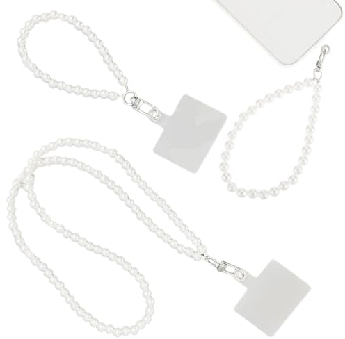 KSJEHW 2Pcs Handykette Universal, Handyanhänger, Handy Perlen Schlüsselband, Handschlaufe, Handygurt, Armband, Handyband, kompatibel mit jedem Handy, Smartphone und Handy Hülle (Weiss Perlen)