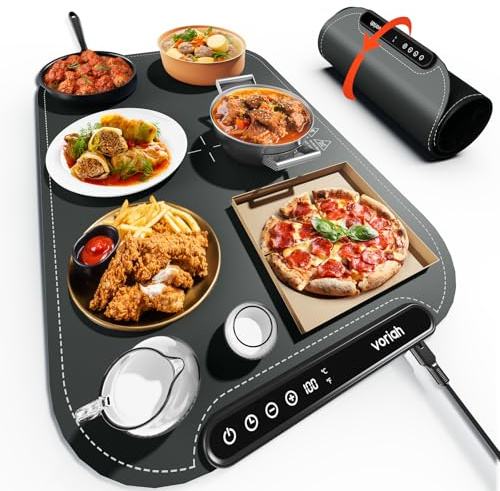 Warming Mat for Food, Voriah Electric Warming Tray with 99H Timer & 8 Temperature Settings, Foldable Food Warmer with °C/°F Switch, Keeps Food Warm at Buffets, Sabbath, Family Gatherings