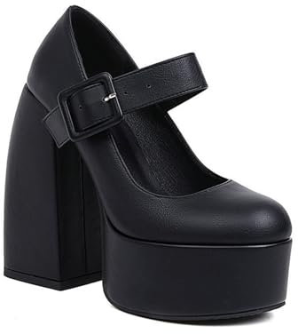ZZQCCHL Women's Mid Block Heel Mary Jane Pumps Round Toe Court Shoes with Platform Adjustable Ankle Strap,Black,11 UK