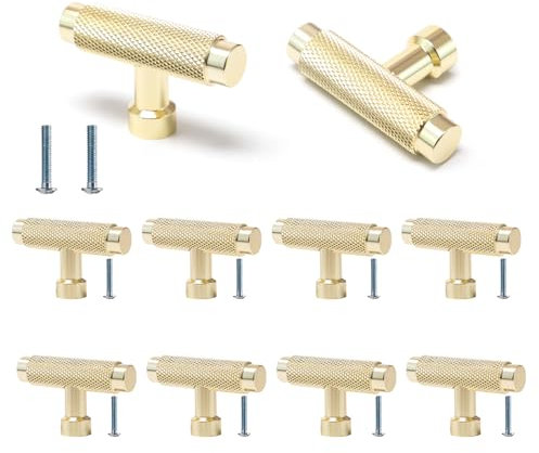 Sxutop 10 Pieces Drawer Knobs Gold T Bar Knurled Cabinet Knobs Small Gold T Bar Handles with Screw Knurled Cupboard Handles for Drawer Kitchen Dresser Bathroom, 55 * 34 mm