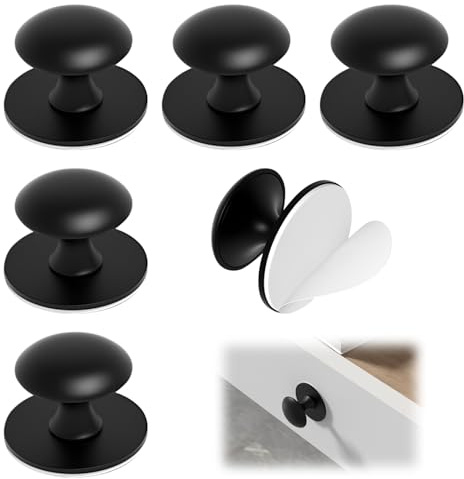 6 Piezas Pomos para Muebles Autoadhesivos, Tiradores Armarios Redondos Negros de Acero Inoxidable Sin Taladrar, para Pegar en Cajones, Puertas de Ducha, Alacenas, Puertas de Cristal (Negro)
