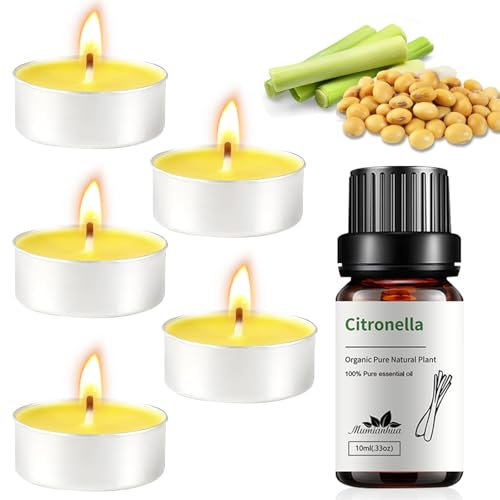 Citronella Kerze Set,10 Stücke Natürliche Sojawachs Citronella Kerzen+Ätherisches Citronellaöl,Outdoorkerzen Natürliches Pflanzenwachs,Duftteelichter für Innen Draussen,Garten,Terrasse,Schlafzimmer