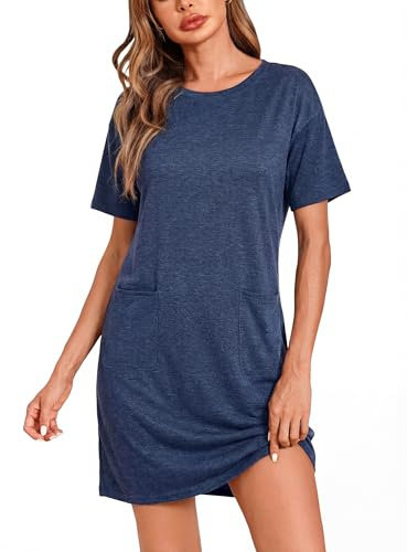 Leversic Chemise de Nuit Femme Coton Chemise de Nuit Manches Courtes à Couleur Unie Tee Shirt de Nuit Femme Grande Taille Vêtements de Nuit avec Poches 1170-Bleu XL