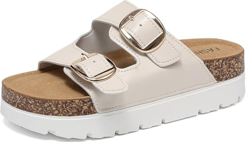 Ciabatte Estive Donna con Tacco Plateau Sandali con Plantare in Sughero Comodi Slide Doppia Fibbia Pelle Scamosciata Antiscivolo Pantofole Gomma Suole Pantofol Estiv