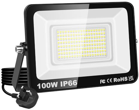 PICAA 100W LED Flood Light, IP66 Waterproof Super Bright 10000LM Security Light, 6500K Cold White Outdoor Wall Light for Garden Yard Garage Patio Warehouse with UK Plug (1PCS)