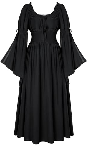 SCARLET DARKNESS Women Medieval Renaissance Peasant Dress Long Bell Sleeve Linen Maxi Dresses Black M