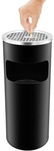 Fyssnn 2-in-1 15L Outdoor Ashtray & Rubbish Bin with Lid, Stainless Steel Free Standing Cigarette Bin Dustbin for Garden, Patio, Pub, Office, Commercial Use (Black)