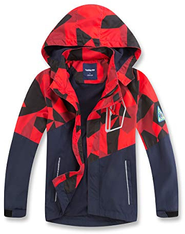 BuyiRen Boys Windbreakers Jacket Rain Jackets Hooded Raincoat Fleece Lined Rain Coats for Kids, Red Geo Block, 9-10 Years