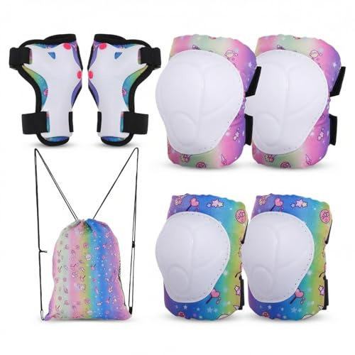 Protection Roller Fille, Sport Equipement Protection Enfant 6 Pcs, avec Réglables Genouillères, Coudières et Protège-Poignets, pour Enfants de 4 à 10 Ans, Rollers Skate Trottinette Skateboard