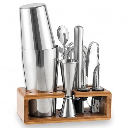 Martini Shaker Set 10-delar barkar set, 750 ml rostfritt stål cocktail med trästativ professionellt för hemmabarer