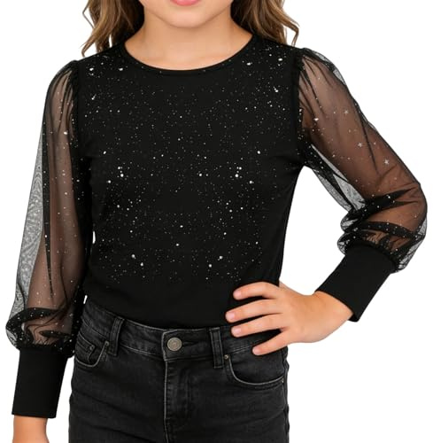 Chemisier habillé pour Filles, Haut à Sequins Scintillants, Tunique à Manches Longues en Transparente, Blouse à col Rond pailletée idéale pour Les fêtes. Bord côte ou Dentelle