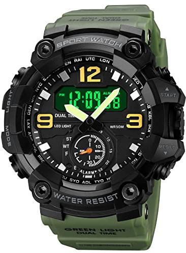 Forrader Digital sportklocka för män, vattentäta militärklockor LED bakljus stort ansikte stoppur larm armbandsur, 1965armygreen