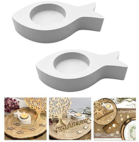 Oblique Unique® Teelichthalter Fisch 2er Set Kerzenhalter Fische aus Holz - Tisch Dekoration für Taufe Kommunion Konfirmation Taufdeko (Weiß)