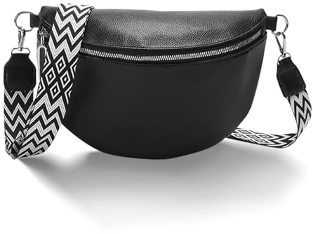 VidFair Umhängetasche Damen Groß Bauchtasche Stylisch Elegante Moderne Leder Wasserabweisend Crossbody Bag Breiter Gurt Bauchtasche Taschen mit Abnehmbarem Schultergurt Festival Reise Alltag Schwarz
