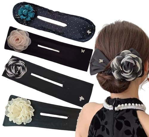 4 PACK Hand Embroidered Flower Hair Accessories for Women & Girls: Bun Makers, Bun Rollers, and Hair Twisters for Long Thick Hair (Blue, Pink, Black and White, White)