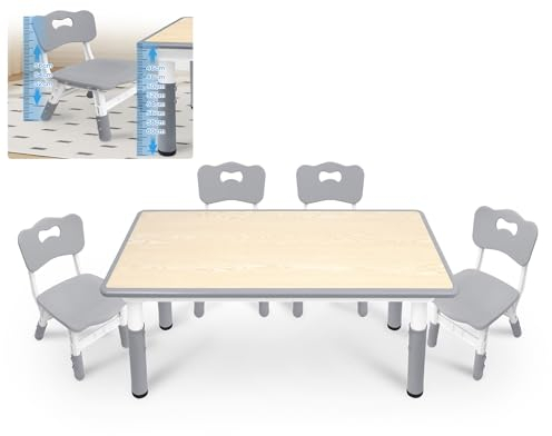 TWOLIIN Höhenverstellbare Kindertisch, Kindersitzgruppe mit 4 Stühlen Set, Kindermöbel aus Plastik, Kindertischgruppe für Kindergarten und Kinderzimmer, Tisch Stuhl Set für Jungen und Mädchen