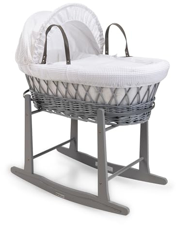 Clair de Lune Waffle Grey Wicker Moses Basket with Grey Standard Rocking Stand - 68 x 30 cm (White)