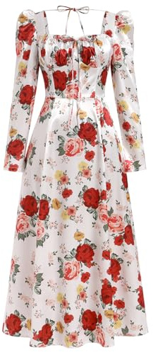 IDOPIP Femmes Manches Longues Vintage Satin Robe Corsage Col Carr� Robe Longue A - Ligne Lacets Manches � Bulles Robe de Mari�e Robe de Soir�e Rouge Rose M