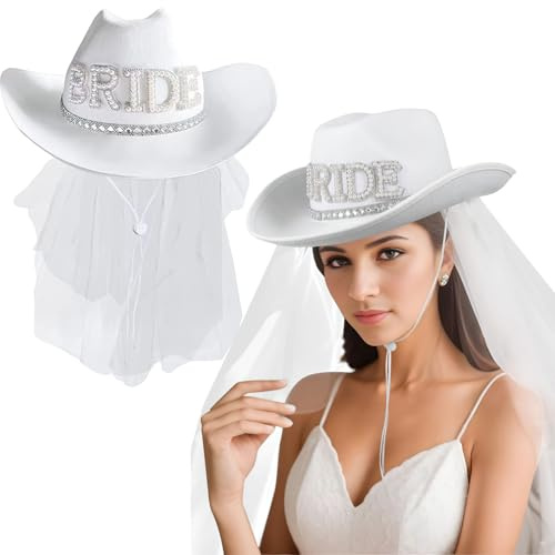Ylapagne Bride Cowboy Hat Drill Strap White Veil with Rhinestone Sequins for Wedding Bachelorette Bridal Shower Party Decoration Western Party Dress Up Accessories