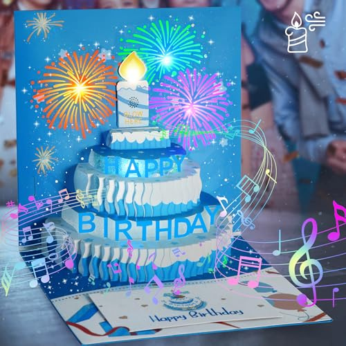 LUZOON 3D Tarjetas de Cumpleaños con Música y Luz, Pop Up Tarjeta de cumpleaños con fuegos artificiales y velas LED, Incluye Sobre, Regalo de cumpleaños para padres, amantes e hijos