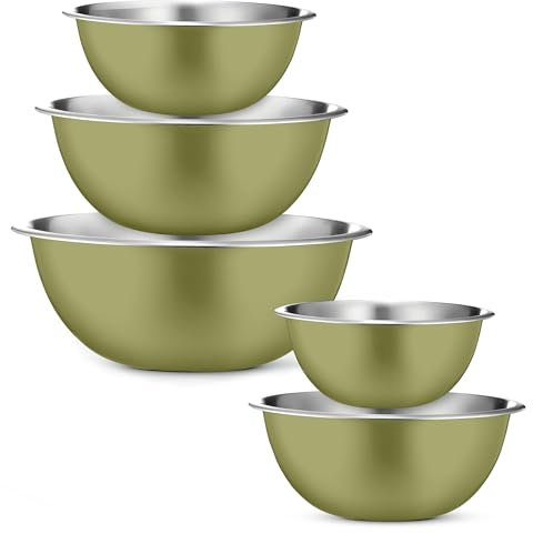LOFERMA Stainless Steel Mixing Bowls Set - 5-Piece, Easy-Grip, for Baking, Cooking, Salad & Food Prep - 700ml, 900ml, 1.4L, 2.8L, and 4.7L (Green)