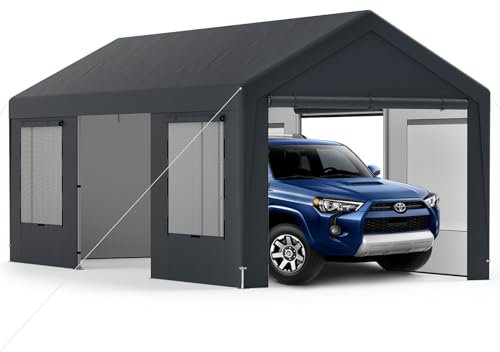 SOARS Carpa de garaje 300 x 595 x 280, tienda de campaña con 8 paredes laterales extraíbles, marco de metal, paneles de ventanas de polietileno, puertas enrollables, refugio para garaje, incluye