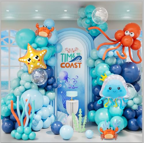 166Pcs Ocean Animals Blue Balloon Arch Kit- Light Blue Mist Blue Orange Transparent Balloons with Crab Jellyfish Starfish Balloons for Unher The Sea Birthday Party Decorations