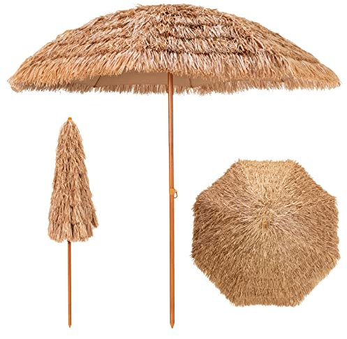 COSTWAY Sombrilla Playa, Sombrilla Terraza Exterior con Apariencia de Paja y 8 Costillas, Parasol de Playa Plegable para Jardín, Parasol Exterior sin Base (Natural, φ205 cm)