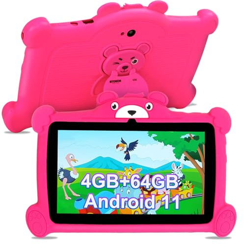 Discoball Tablet per bambini da 7 pollici con Android 11-4 GB RAM+64 GB ROM, controllo parentale e app preinstallate Tablet per bambini dai 3 ai 12 anni, doppia fotocamera, WiFi, custodia antiurto per