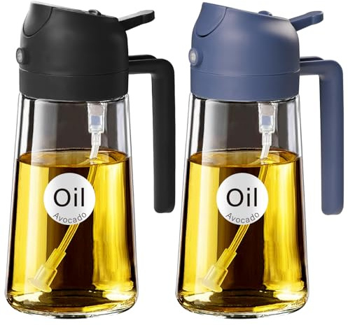 YARRAMATE 2Pcs 2-in-1 Olive Oil Sprayer Glass Bottle Dispenser, 16oz/470ml Capacity, Premium Nozzle for Cooking, Pour and Spray, Kitchen, Air Fryer, BBQ (Black&Navy)