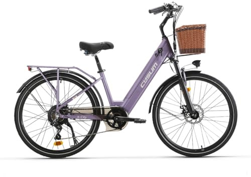 cysum X-City Vélo Électrique Homme Femme, 26 vélo électrique Urbain avec 48V 10.4Ah Batterie Amovible, Vélo de Ville électrique 250W, 7 Vitesses, City E-Bike pour Adulte, Step-Thru (26'' Violet)