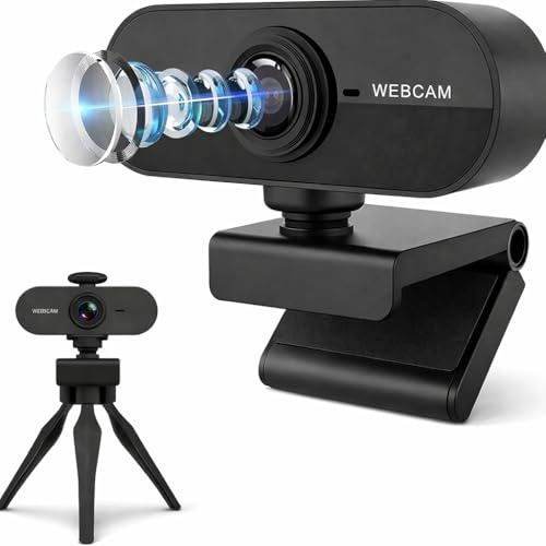 Full HD 1080P webbkamera med mikrofon, USB Plug & Play-kamera för PC och bärbar dator, brusreducering webbkamera med integritetsskydd och stativ