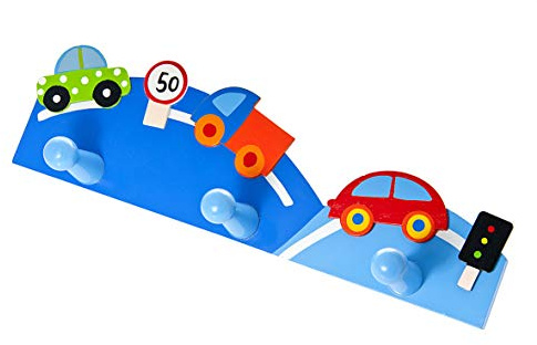 Mousehouse Gifts Triple Gancho Perchero de Pared la Ropa en Tonos Azules y Decorado con Coches para la habitación de los niños