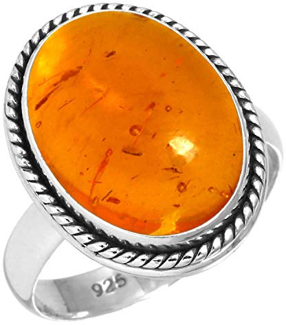 Jeweloporium Bague en argent sterling 925 avec ambre orange, taille 53, pour femme, bijou artisanal en grosses pierres précieuses ovales