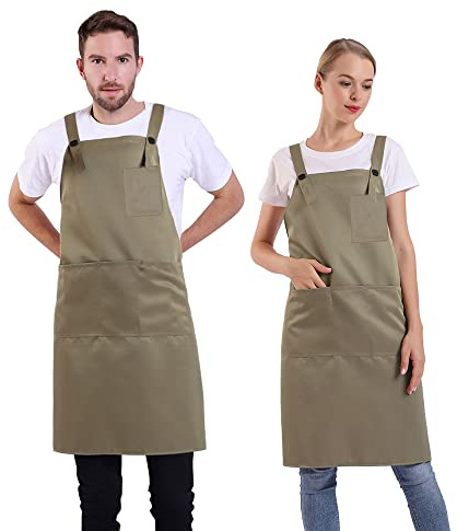 BIGHAS Tablier de style H Back avec poche pour femmes, hommes, grande taille réglable, confortable, cuisine, cuisine, maison, 14 couleurs (Kaki)