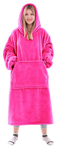 Waitu Wearable Blanket Hoodie for Women Men Gift Warm Cozy Large Thick Flannel Blanket with Sleeves and Large Pocket, Pink