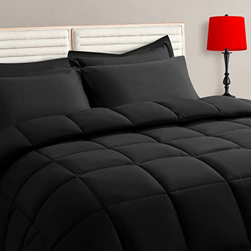 TAIMIT King Size täcke set – 7 delar, säng i en väska sängkläder set med alla årstider mjukt quiltat varmt fluffigt vändbart täcke, lakan, dra-på-lakan, 2 örngott, 2 örngott, svart