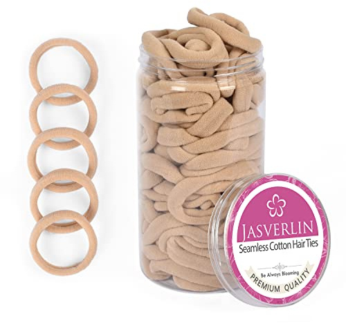 JASVERLIN 100pcs Light Blonde Hair Ties Ponytail Holders, Seamless Cotton Fabric Hairties No Damage Hair Bands, Soft & Stretchy Hairties for Thick Curly Thin Hair 1.5 inch (Light Blonde)