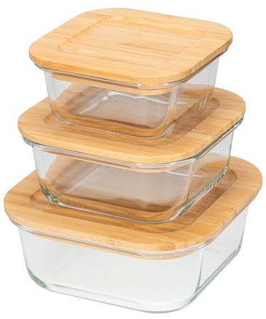 TRANQUIL TOWN Set of 3 Glass Stackable Airtight Containers w/Bamboo Lid - Meal Prep Glass Food Storage