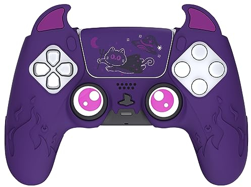 playvital Protection Manette pour ps5 Coque Housse Silicone avec Capuchon pour ps5 Joystick Grip et Sticker Pavé Tactile,Cover Skin Compatible avec Station de Charge,Cute Demon-Violet