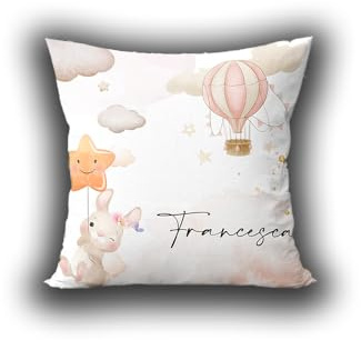 Coniglietta Cuscino Personalizzato con Nome bimba Idea Regalo Natale Compleanno Mongolfiera Bambini Bambina Festa Originale Collezione Decorazioni Casa Divano Letto Colorato Rosa Stampa Personalizzata