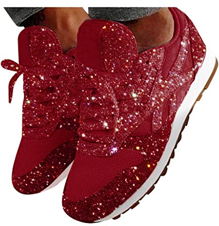 Damen Sneaker Pailletten Glitzer Flach Schuhe Freizeit Atmungsaktiv Walkingschuhe Turnschuhe Outdoor Fitness Jogging Sportschuhe Rot 43