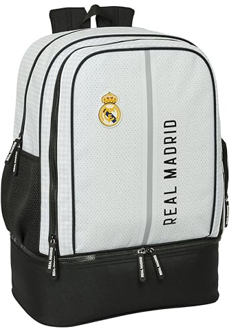 safta Real Madrid 1a squadra 24/25 - Zaino da allenamento, per uso quotidiano, ideale per bambini di diverse età, comodo e versatile, qualità e resistenza, 35 x 24 x 50 cm, colore: bianco/grigio,