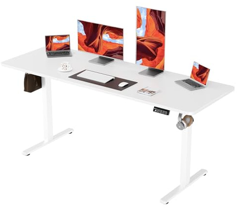 ERGOMAKER Höjdjusterbart Skrivbord 170x60 cm, 2 Minnespositioner, Vit | Höjdjusterbart skrivbord 73-118cm, Maxlast 70kg, 2 Krokar, Smart panel med säkerhetslås, Lamellskiva, Hemmakontor & gaming