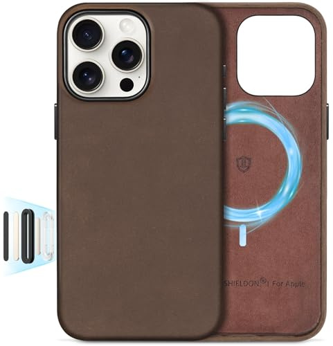 SHIELDON Leather Case for iPhone 16 Pro Max 6.9, [Crazy Horse Leather][Magnetic Wireless Charging][Slim Fit][Non-Slip][Metal Button] Shockproof Cover Compatible with iPhone 16 Pro Max - Dark Brown