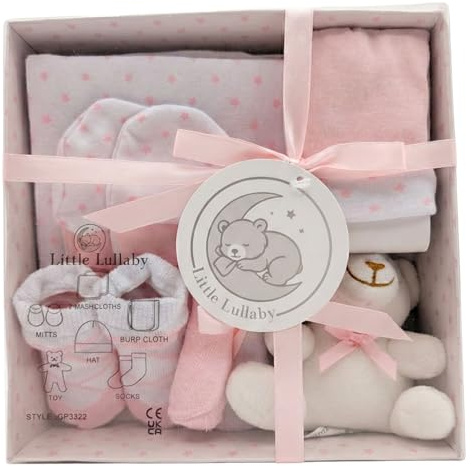 Nyfödd 7-delad lyxig boxad baby presentförpackning (0-3 månader) med bunt björn välkommen baby kort, baby showers gåva och nyfödd baby present, tillgänglig i blå, rosa och vit (rosa)