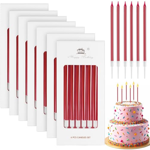 Annickee 42 Pezzi Candele Compleanno, Candeline Lunghe e Sottili, Supporti per Candele, Decorazioni Torta (Rosso)