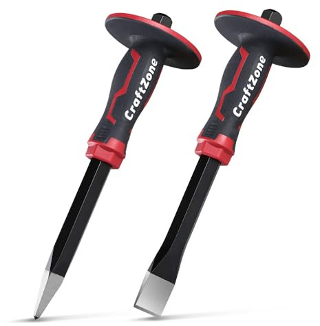 Masonry Chisel Set - 2-Piece Heavy Duty Pointed & Flat Rock Chisels, Concrete Stone Chisel with Hand Protection for Brick Breaking Carving Splitting Cutting Mason Tools