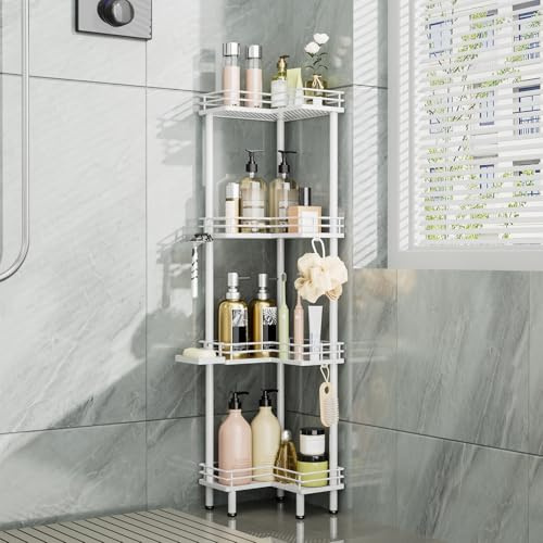 Consumest Organizador de ducha esquinero de pie, organizador de ducha de acero inoxidable de 4 niveles con soporte para jabón y 4 ganchos, estante de esquina de gran capacidad para baño, sala de