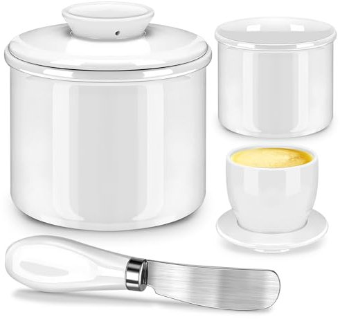 Mexgcom Beurrier à Eau, Beurrier FrançAis en CéRamique avec Couvercle et Couteau à Beurre, Cloche de Beurre en CéRamique Pour Beurre de Pointe, Design Vintage (Blanc)